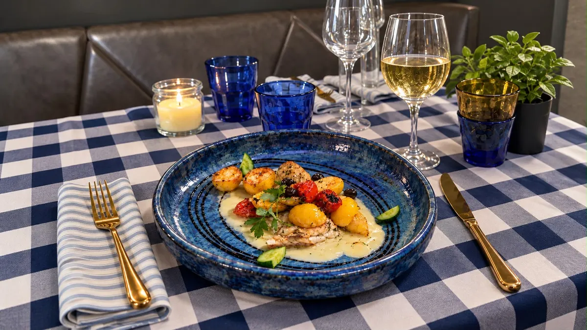 Filetto di pesce con verdure su un piatto blu, tavola apparecchiata a quadri