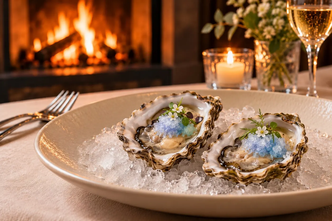 Ostriche con granita di Champagne blu su ghiaccio