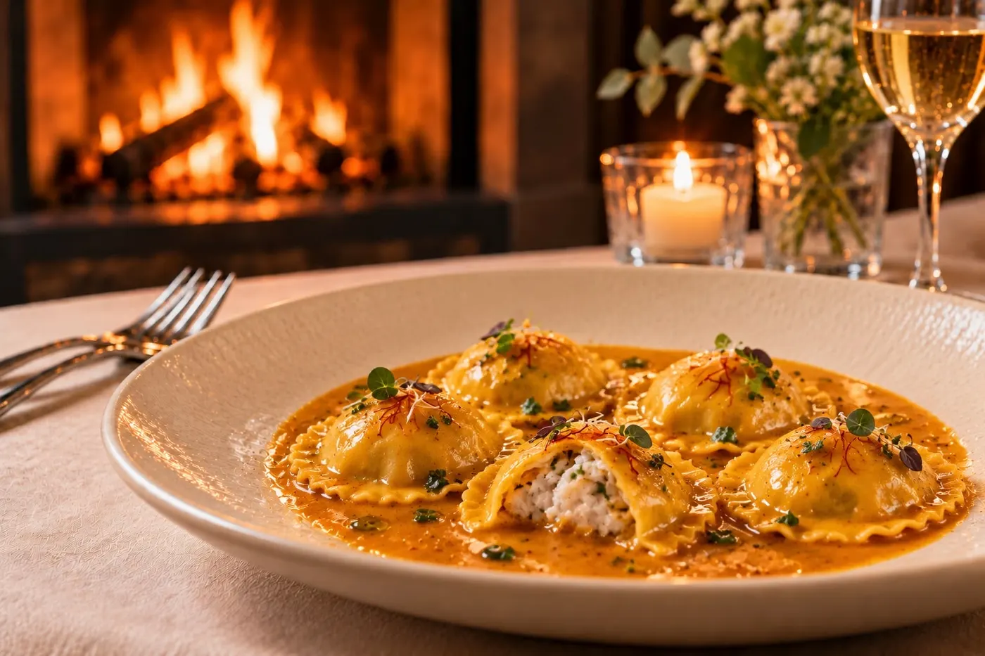 Ravioli di branzino con bisque e zafferano