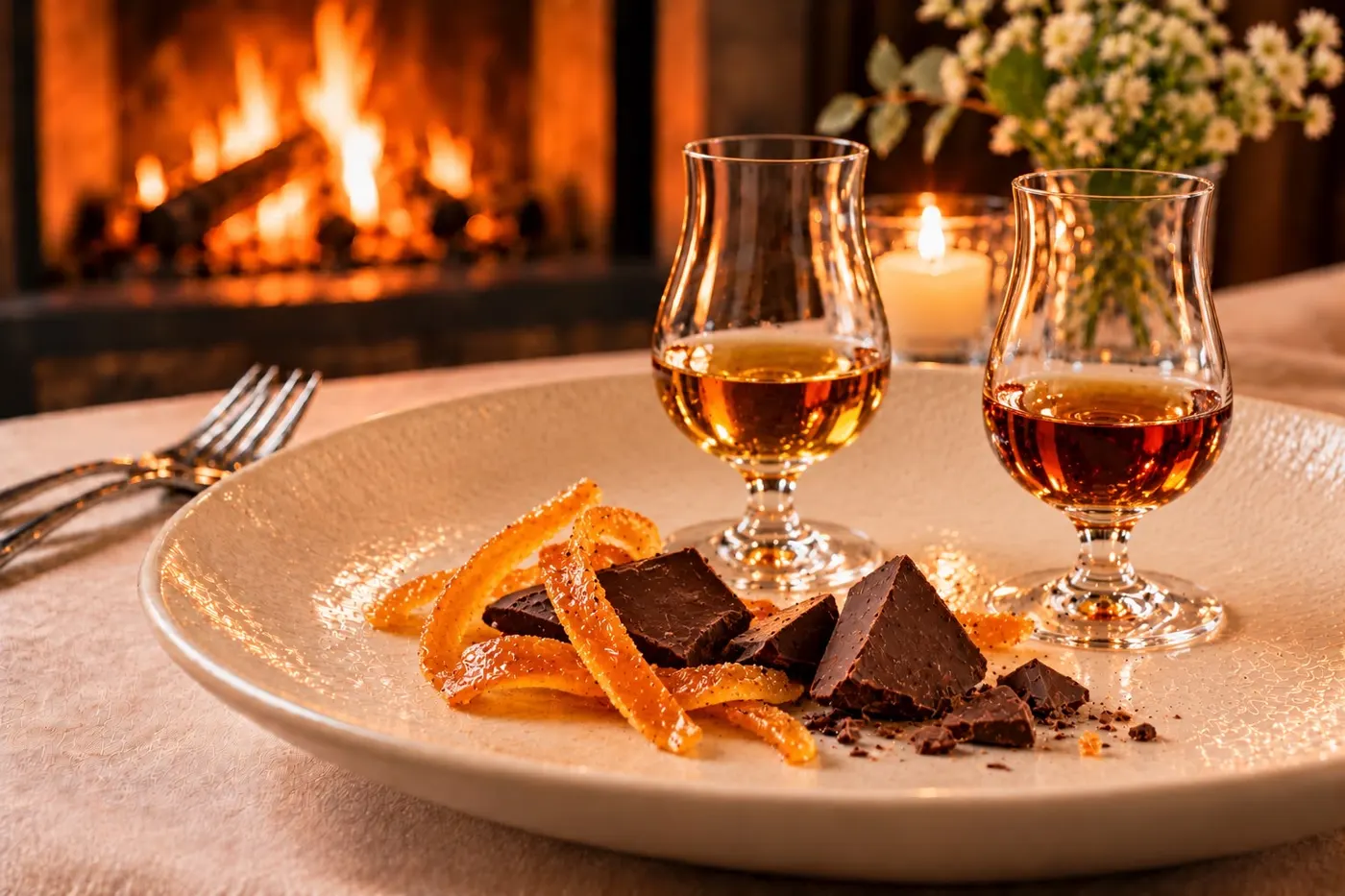 Due calici di rum con arancia candita e cioccolato fondente